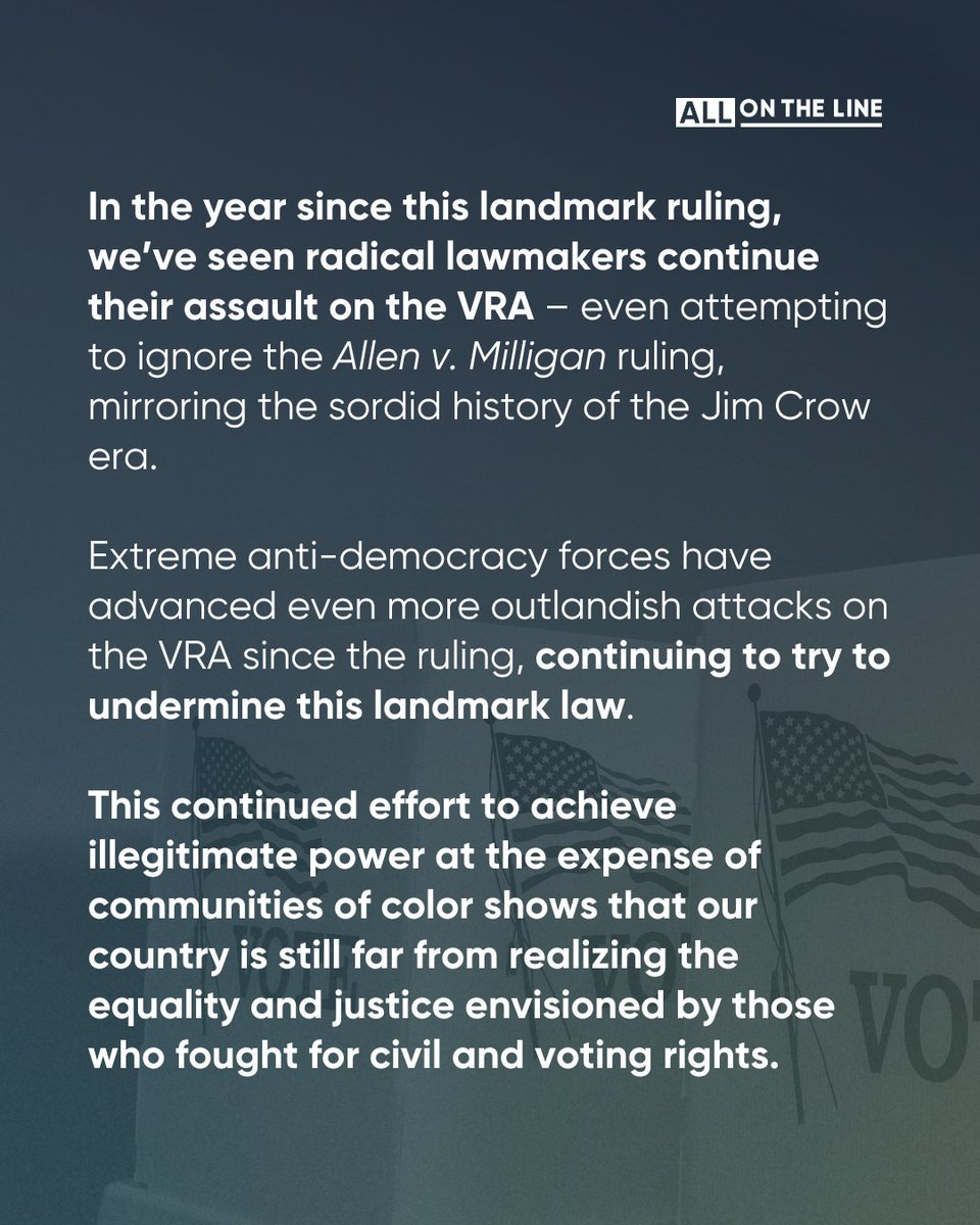 redistrictact's tweet image. The Allen v. Milligan decision brought fairer electoral maps to states that for too long had denied communities of color a fair say in their democratic process. 

While we still have a long way to go in achieving fair representation—this decision was a significant step forward.