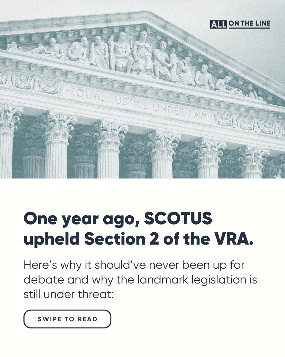 redistrictact's tweet image. The Allen v. Milligan decision brought fairer electoral maps to states that for too long had denied communities of color a fair say in their democratic process. 

While we still have a long way to go in achieving fair representation—this decision was a significant step forward.