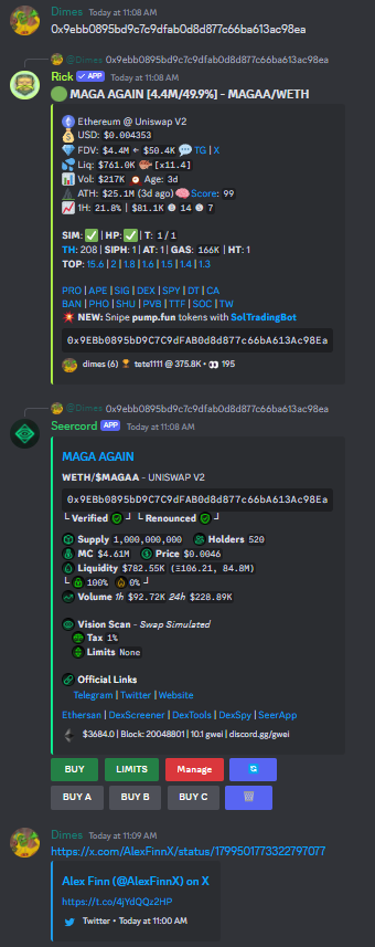 PastelAlpha's tweet image. Member @kdimes00 called $MAGAA on ETH at 4.4m
Peaked at 82m - 18x ✅

Launched, bonded, and called at 200k $MAGAA on SOL
Peaked at 1.6m - 8x✅

What a wild ride the last hour 🇺🇸