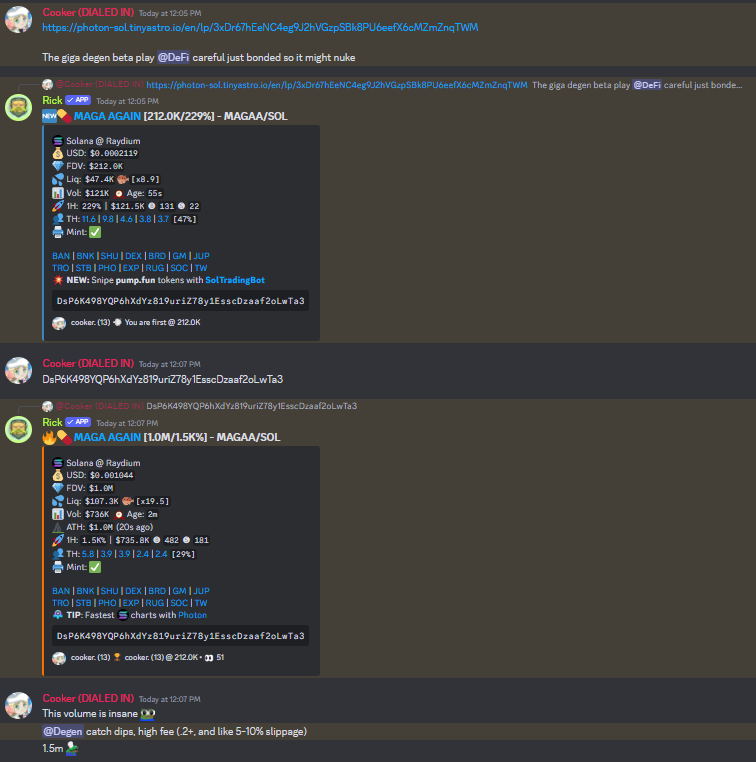 PastelAlpha's tweet image. Member @kdimes00 called $MAGAA on ETH at 4.4m
Peaked at 82m - 18x ✅

Launched, bonded, and called at 200k $MAGAA on SOL
Peaked at 1.6m - 8x✅

What a wild ride the last hour 🇺🇸