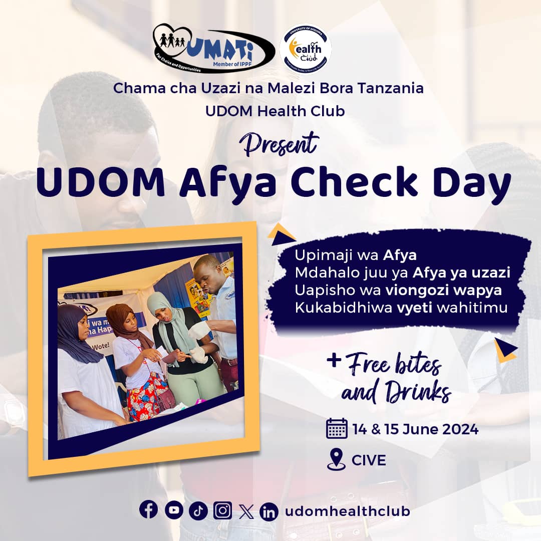 udomhealthclub's tweet photo. Viva @udomhealthclub! Consistency is our key toward promoting health. You're welcome for a big opportunity in collaboration with @UMATItz to check your health during #AfyaCheck #ReproductiveHealth Discussion #Leadership &amp; #Certification event on 14th-15th January,2024 . https://t.co/rOQhbbmiT9