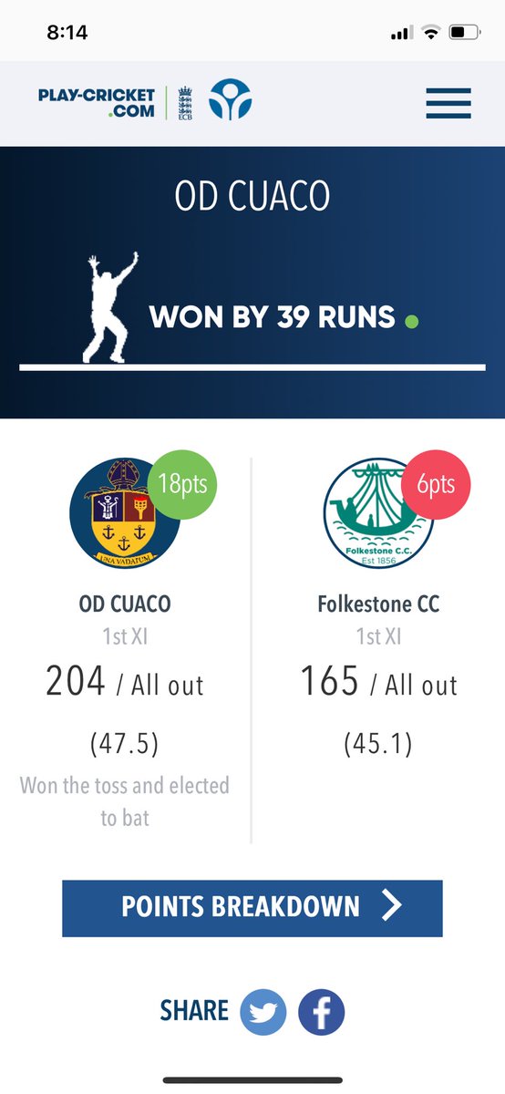 ODs 1s do what they do at home. Picking up the 18 points!runs from <a href="/Webster1995/">Chris Webster</a> and a superb fielding performance #DaysLikeThese <a href="/JamesBlunt/">James Blunt</a>