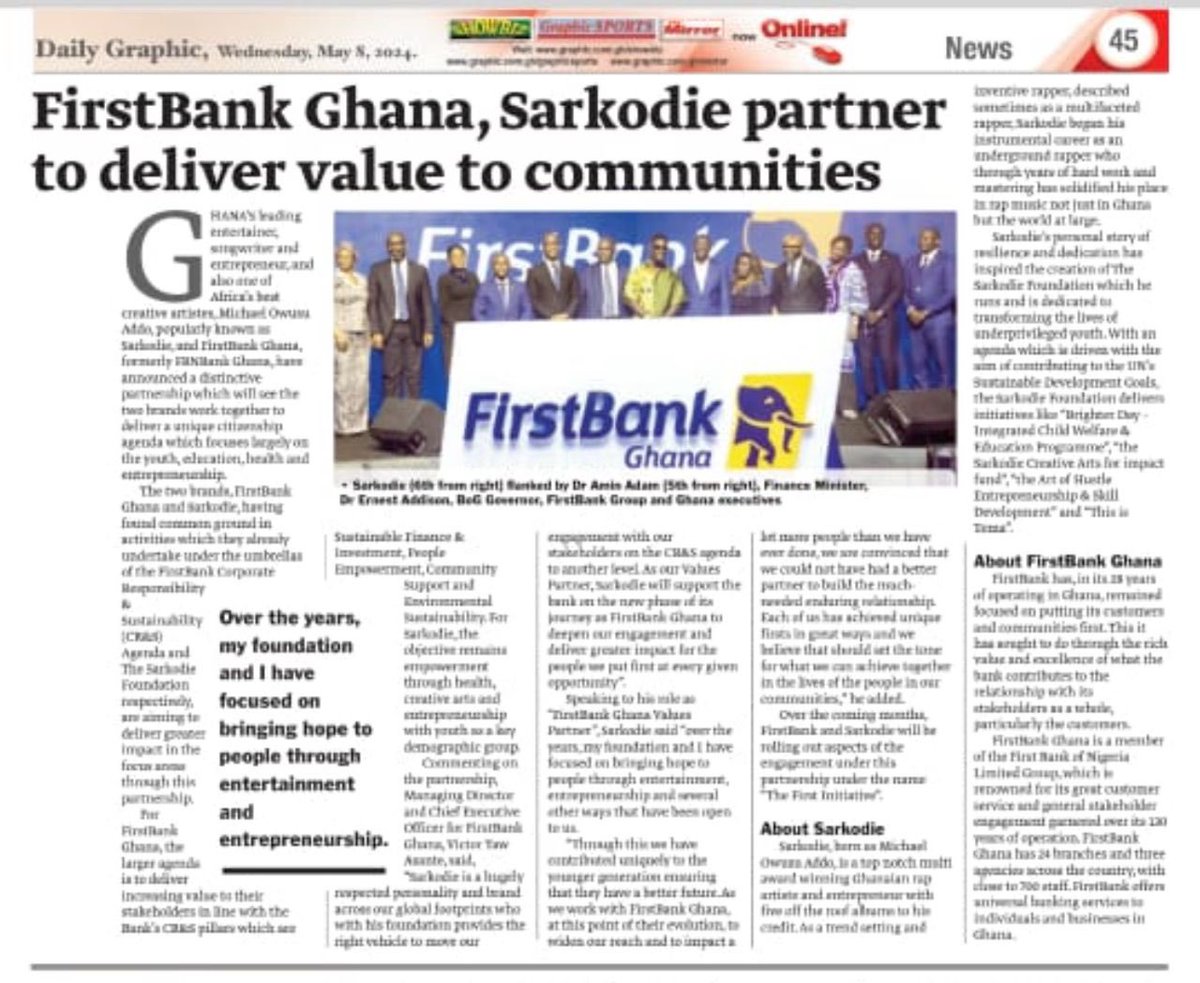 thesarkodiefdn's tweet photo. 📰 Exciting News!  

@FirstBankGhana has teamed up with king @sarkodie to deliver values to communities! 🌟  The First Initiative."

Over the years, my foundation and i have focused on bringing hope to people through entertainment and entrepreneurship - Sarkodie 

@bftghana https://t.co/lVQ76FP0Rj