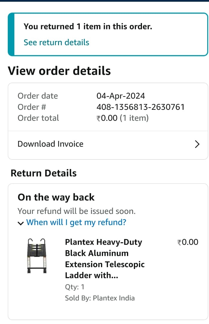 fameshaan's tweet photo. @amazonIN Sir/Mam, I'd ordered a heavy duty ladder on 2nd April of amount rs.4249, which I'd soon returned due to receiving a damaged product, but I still haven't received the refund of the same, kindly check and send us the refund as soon as possible. Sharing images of purchase. https://t.co/kiN64GckRu