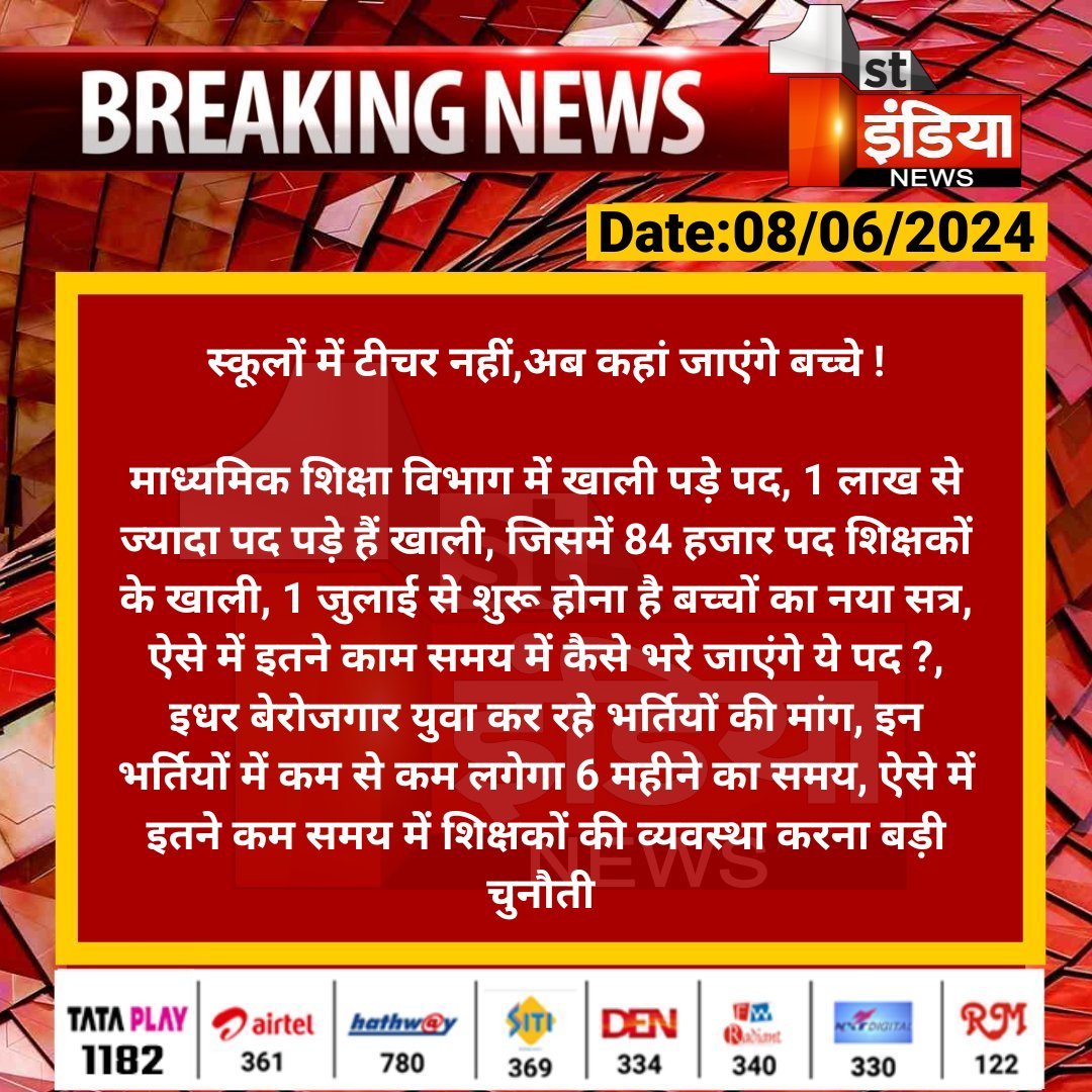 RajAllExams's tweet photo. शिक्षा विभाग में भर्तियां शुरू करे सरकार 

माध्यमिक शिक्षा विभाग में खाली पड़े पद, 1 लाख से ज्यादा पद पड़े हैं खाली, जिसमें 84 हजार पद शिक्षकों के खाली https://t.co/gMBW22dfSR