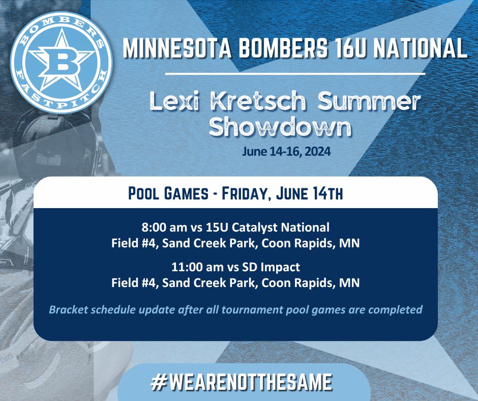 Less than a week away from the first tournament of the summer. See you there! <a href="/MnBombers/">Minnesota Bombers</a> <a href="/ExtraInningSB/">EXTRA INNING SOFTBALL</a> <a href="/Lexi_Showdown/">Lexi Kretsch Summer Showdown</a> <a href="/bombers_fp/">Bombers Fastpitch</a>