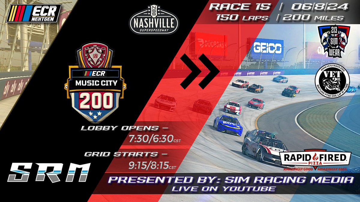 Raceday!! With the season in full swing, the halfway point is upon us. Tonight, we head to the Music City <a href="/NashvilleSuperS/">Nashville Superspeedway</a> for Race 15 in our 2024 Cup season. 

Tune in tonight at 9:10pm et and watch live on <a href="/YouTube/">YouTube</a> as <a href="/SimRacingMedia1/">Sim Racing Media</a> calls action packed 200-mile race!