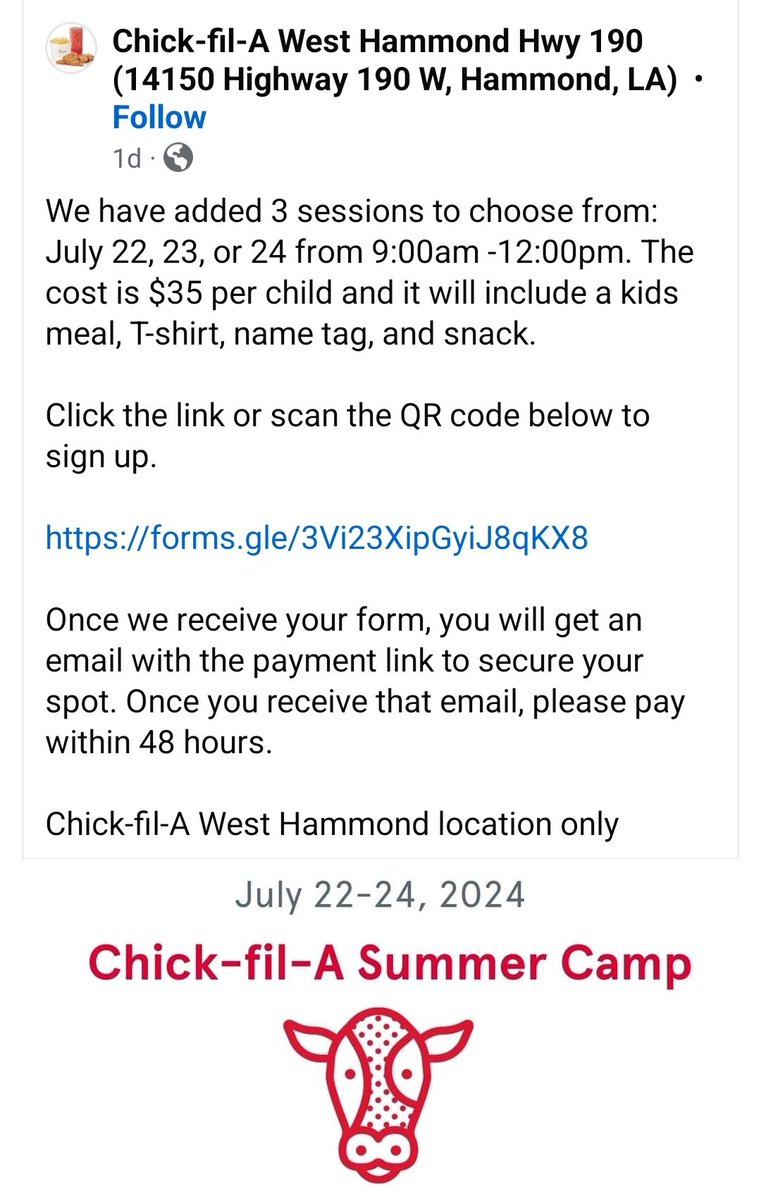 Screenshot of Facebook post by "Chick-fil-A West Hammond Hwy 190)" sharing the announcement of the Chick-fil-A child labor summer camp on their fbook page
