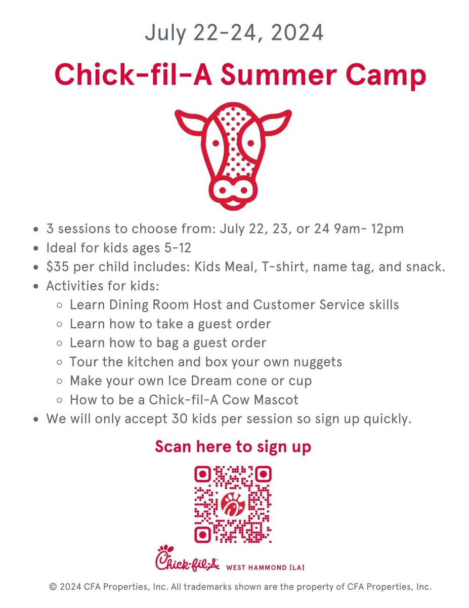 Horrifying poster for a "Chick-fil-A Summer Camp" for kids... 

"Ideal for kids ages 5-12"
"Activities for kids:
- Learn dining room host and customer service skills
- learn how to take a guest order
- learn how to bag a guest order
- how to be a Chick-fil-A Cow Mascot
Etc, etc..." 