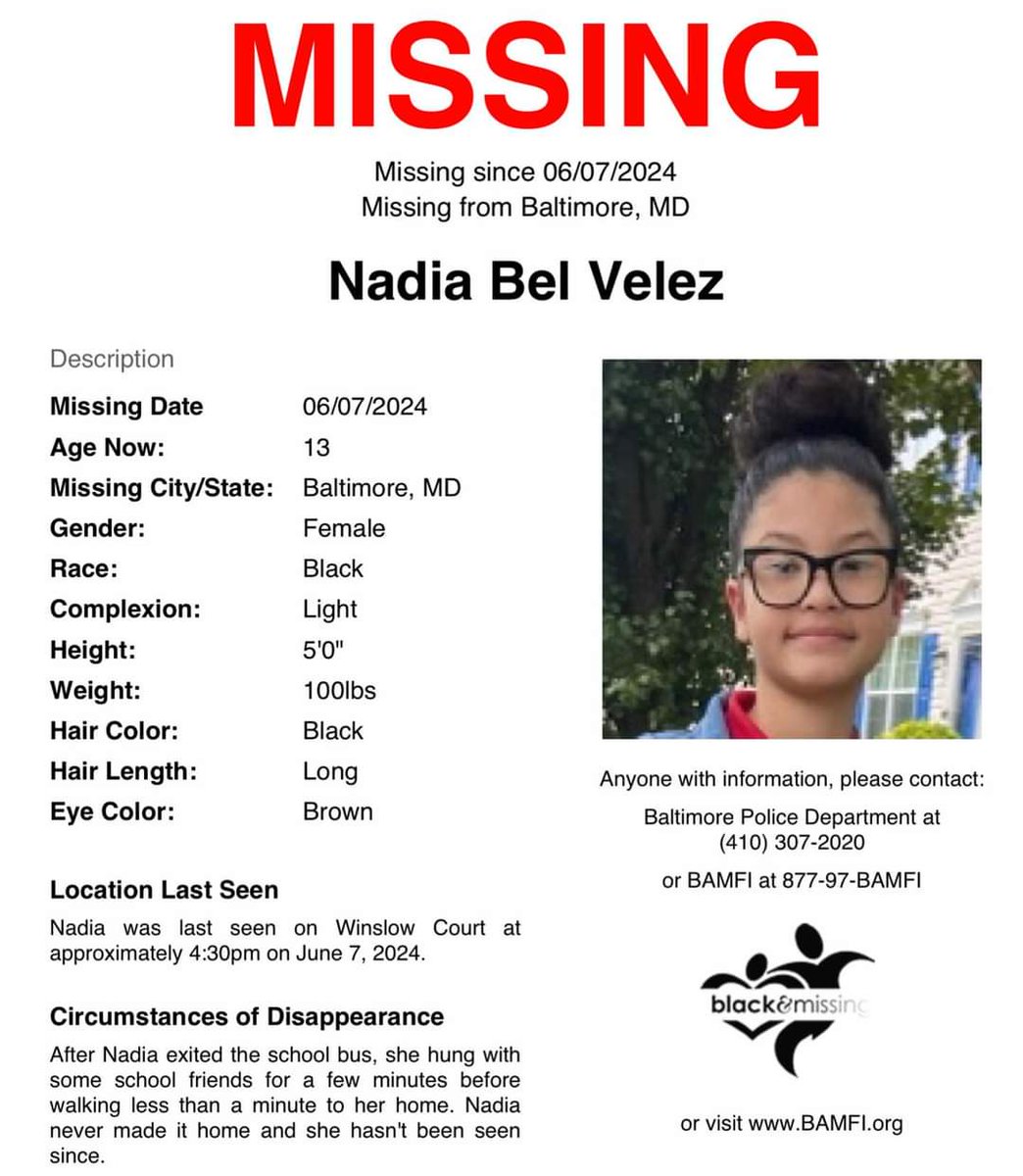 ClaudetteGGibs1's tweet photo. #BAMFIALERT: Baltimore, #Maryland: 13y/o Nadia Bel Velez was last seen on Winslow Court at around 4:30pm. yesterday (June 7).
After Nadia exited the school bus, she hung out with school friends for a few minutes. She then said she was heading home - a less than a minute walk. Nadia never made it home, and she hasn’t been seen since.
Pls SHARE how to help find Nadia. #NadiaBelVelez