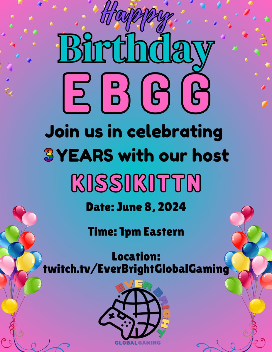 KissiKittn's tweet photo. Today's the day! Who's ready to help EBGG celebrate 3 years?!? Come see us at https://t.co/mn5OagLAXs at 1PM Eastern today! #EBGG #StreamersHelpingStreamers #Twitch https://t.co/DyTEMofepd