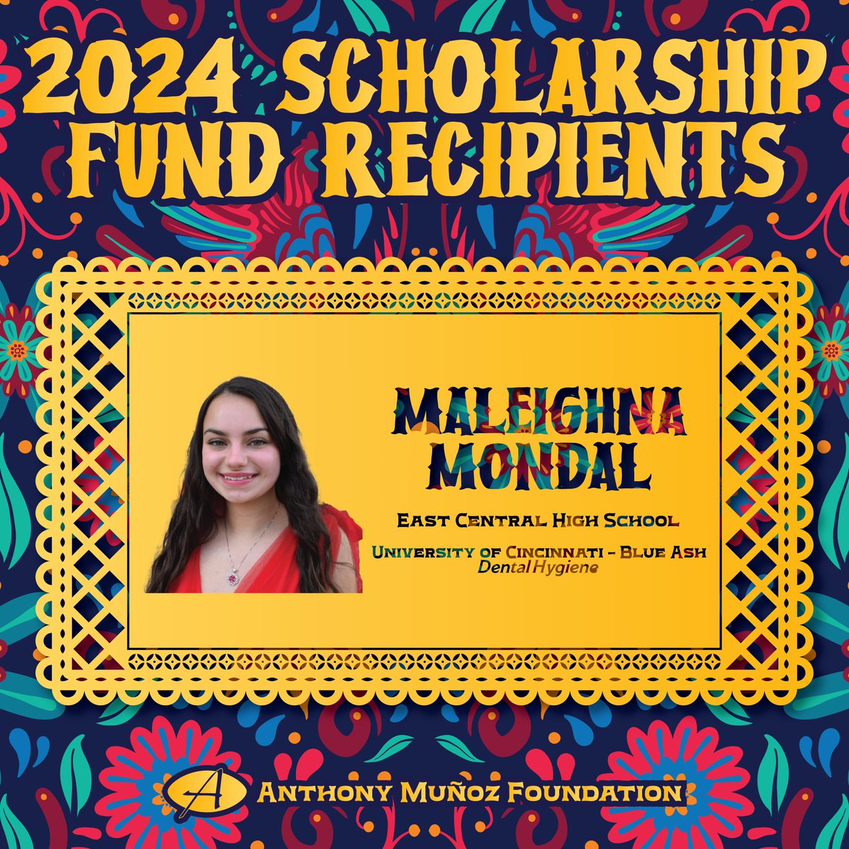 MunozFoundation's tweet photo. 2024 #AMFScholar, Maleighna Mondal, is a graduate from East Central High School and will be continuing her education @UCBlueAsh. Congratulations! https://t.co/VQWsmlMQpB