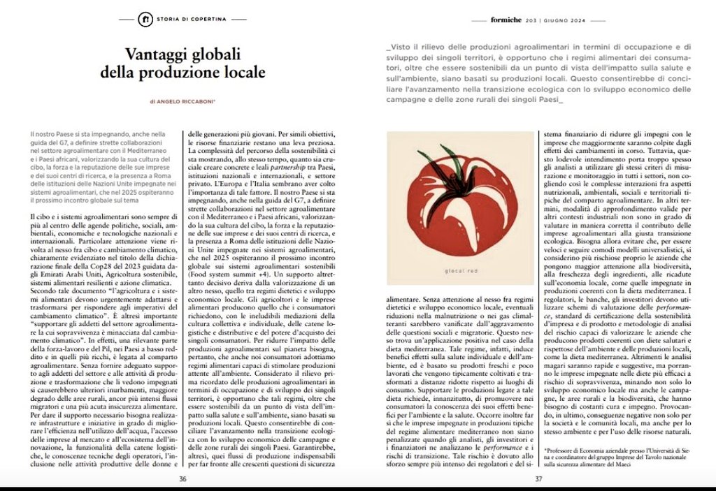 📢 Su <a href="/formichenews/">Formiche</a> 203 "UN PATTO PER LA SICUREZZA ALIMENTARE"  ed. giugno24 pag 36 "Vantaggi globali della produzione locale" <a href="/AngeloRiccaboni/">Angelo Riccaboni</a>  evidenzia l'importanza delle produzioni agroalimentari in termini di occupazione e sviluppo dei singoli territori. 🏞️🌾
Leggi ⬇️⬇️⬇️