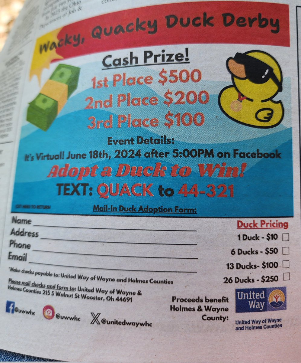 UnitedWayWHC's tweet photo. It's just 10 days away...do you have your duck yet? Adopt today! 
Text: Quack To: 44-321
#winbig #giveback https://t.co/8i4pUcy51e