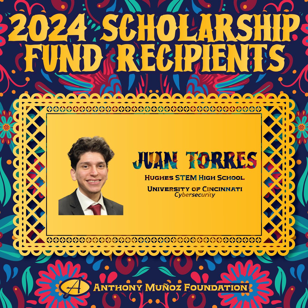 MunozFoundation's tweet photo. Congratulations to 2024 #AMFScholar, Juan Torres! Juan has shown strength and grit throughout his life. He is now a @HughesSTEMHS graduate and will attend @UofCincy in the fall! https://t.co/b4vmt6nCm0