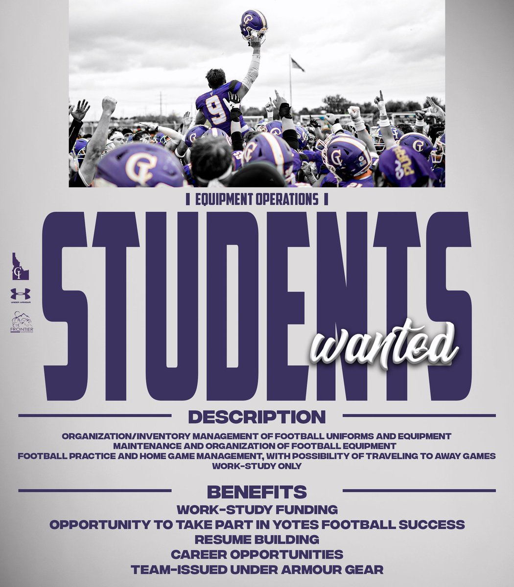 Future and Current College of Idaho Students: 

We are looking for Student Equipment Managers!

Come be part of the College of Idaho Football Program!

For inquiries, DM or email Head of Equipment, Easton Berrett at eberrett@collegeofidaho.edu 

Handshake job #9007145