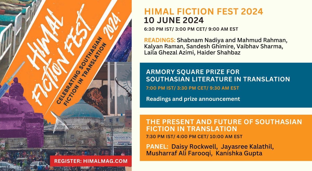 HimalSouthasian's tweet photo. 📢HIMAL FICTION FEST 2024: Celebrating Southasian fiction in translation

Join us this Monday (10 June) for readings, the live announcement of this year's @ArmorySqPrize winner, and a panel discussion on the future of Southasian translation! https://t.co/piNDmuW200 https://t.co/cTF9MD5qjn