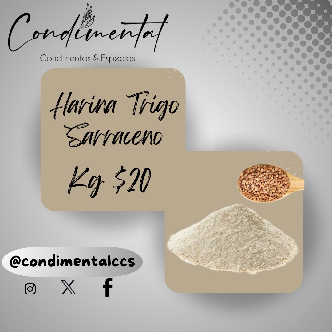 Condimentalccs's tweet photo. ¡Descubre la versatilidad de la harina de trigo sarraceno! 🌾 Ideal para hacer panes, galletas y tortas saludables y deliciosas. Encuéntrala con nosotros, en sus dospresentaciones: ½kg y Kg. #trigosarraceno #harina #saludable #condimental 🌿🍞🍪 https://t.co/ROYWYfqfYU