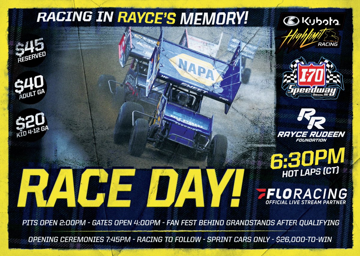 High Limit Racing (@highlimitracing) on Twitter photo 𝐓𝐎𝐍𝐈𝐆𝐇𝐓 is the finale of the $26,000-to-win <a href="/RayceRudeenFdn/">Rayce Rudeen Foundation</a> Race!
If you’re in the Kansas City area, join us at Odessa, MO’s <a href="/I70_Speedway/">I-70 Speedway</a> for a night with <a href="/Kubota_USA/">Kubota Tractor Corporation</a> High Limit Sprint Cars.
⏰ Hot Laps at 6:30pm CT
📺 FloRacing.com/HighLimit
🎟️ highlimitracing.ticketspice.com/rayce-rudeen-f… 𝐓𝐎𝐍𝐈𝐆𝐇𝐓 is the finale of the $26,000-to-win <a href="/RayceRudeenFdn/">Rayce Rudeen Foundation</a> Race!
If you’re in the Kansas City area, join us at Odessa, MO’s <a href="/I70_Speedway/">I-70 Speedway</a> for a night with <a href="/Kubota_USA/">Kubota Tractor Corporation</a> High Limit Sprint Cars.
⏰ Hot Laps at 6:30pm CT
📺 FloRacing.com/HighLimit
🎟️ highlimitracing.ticketspice.com/rayce-rudeen-f…