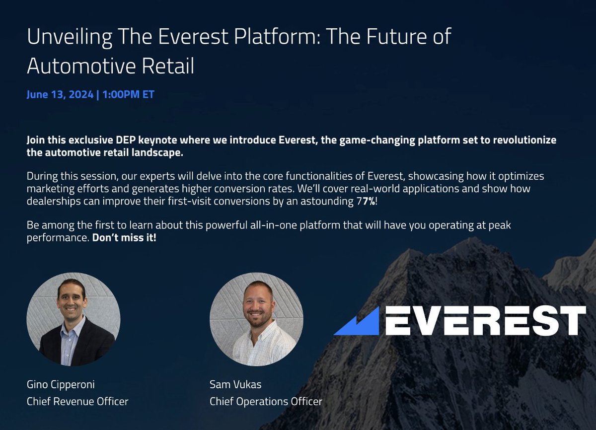 automotiveseo's tweet photo. #NEXT_LEVEL The release of #Everest this coming week is perfectly align with the conversations which were started at #DMSC last week. Congratulations to Joe Gillespie and the entire Dealer eProcess team for their next level investments in #automotiveretail. I encourage dealers to join the conversations on June 13th.
Read about the platform here: https://t.co/IlNMovFZFY
#automotivetechnology #automotiveindustry #automotivewebsites #automotivedealers #autodealers