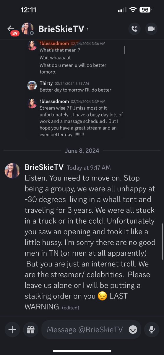 thirtyshowbear's tweet photo. Brie is making THREATS ?!?! Isn’t this TOS ?? I mean they banned me from twitch because Josh was mad I was in another man’s stream I’ll post that screenshot as well along with Bries threat to justify the cheating 🤪🤪 #crazybitchproblems #jealousy #cheatingproblems #ADOPTED https://t.co/31MtEEdKL5