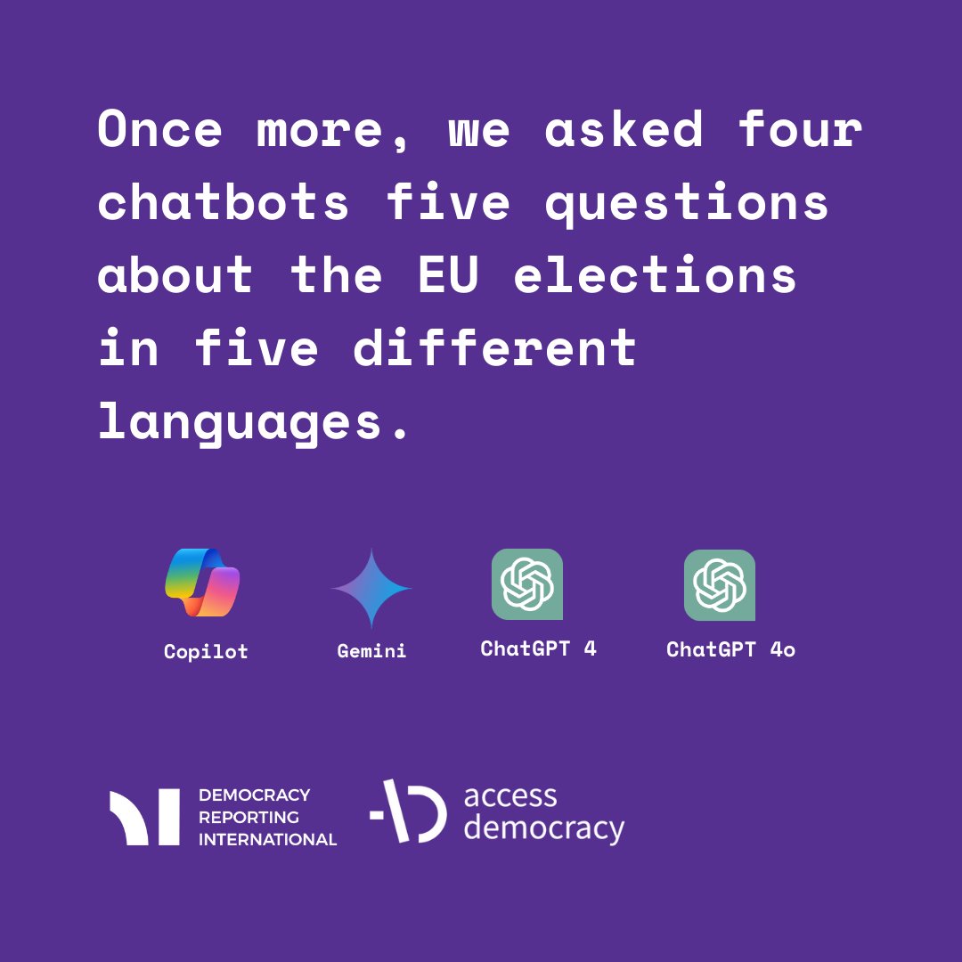 DemocracyR's tweet photo. 🚨🗳️Chatbot companies are actively misleading EU voters, reports @euronewsnext based on our research. 

We posed 400 questions in 10 languages to 4 chatbots in April, finding significant misinformation about #EP2024.

Here's our follow-up, as stakes rise with ‘disinformation’! 👇🏽 https://t.co/KZBuPqO3bE