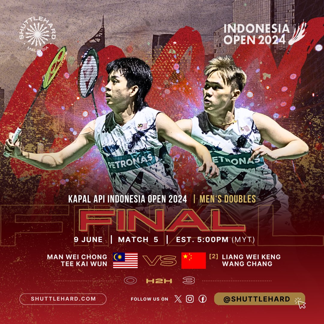 ShuttleHard's tweet photo. Panggilan untuk seluruh Malaysia ๐ฒ๐พ
Jadual Perlawanan #IndonesiaOpen2024
Hari Keenam | Final
Beregu Lelaki
Final sulung Man Wei Chong/Tee Kai Wun dalam kejohanan bertaraf S1000 bakal mempertemukan mereka dengan Jaguh China ๐จ๐ณ Liang Wei Keng/Wang Chang.
Ini akan jadi pertembungan Ke-0๏ธโฃ4๏ธโฃ antara mereka dengan rekod pertemuan memihak Liang/Wang 0๏ธโฃ-3๏ธโฃ
Aaron Chia/Soh Wooi Yik merupakan finalis terakhir #BadmintonMalaysia di kejohanan ini pada edisi 2023.
Sementara gandingan Zakry Latif/Fairuzizuan Tazari juara terakhir ๐ฒ๐พ di kejohanan ini pada edisi 2008.
๐ธ Marco Kunz
#UNBRKBL
#ShuttleHard