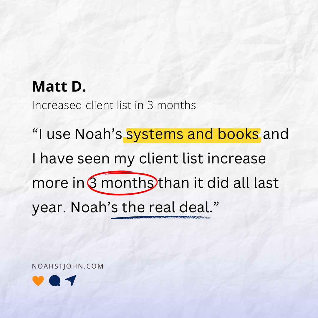 noahstjohn's tweet image. 𝐆𝐫𝐨𝐰 𝐘𝐨𝐮𝐫 𝐂𝐥𝐢𝐞𝐧𝐭 𝐁𝐚𝐬𝐞 𝐈𝐧 𝐉𝐮𝐬𝐭 𝟏𝟐 𝐖𝐞𝐞𝐤𝐬!

I met Matt D. when he was looking for a way to expand his client base quickly.

His list was stagnant. He was frustrated with the lack of growth.

#ClientGrowth #BusinessExpansion #NoahStJohn #SuccessStory