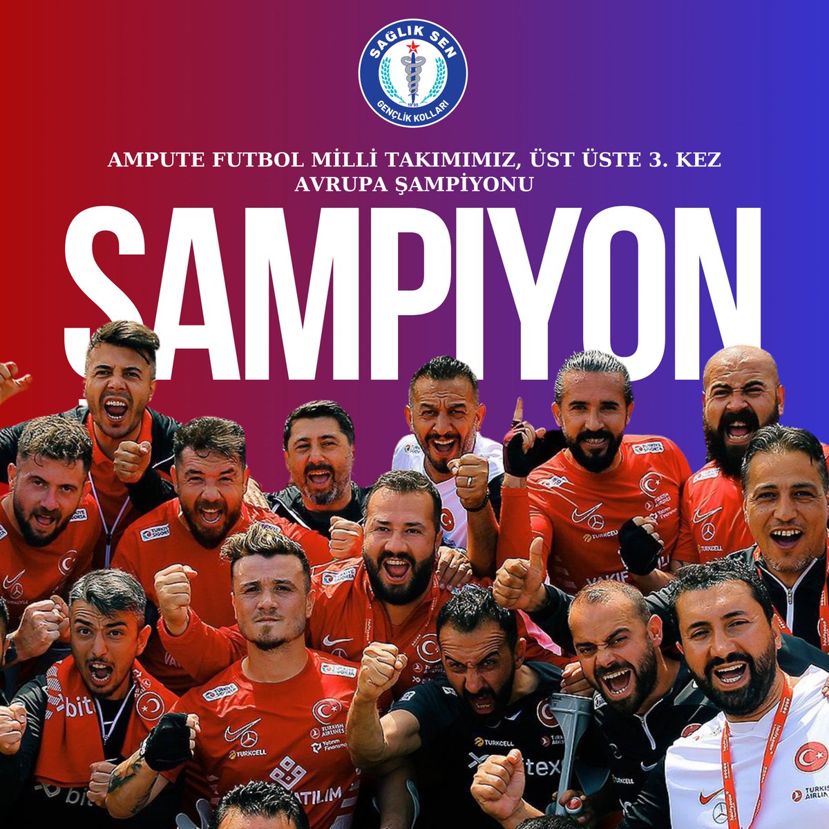 AVRUPA ŞAMPİYONUYUZ! 🏆🇹🇷

2024 Avrupa Ampute Futbol Şampiyonası finalinde İspanya'yı 3-0 mağlup ederek üst üste 3. kez kupayı ülkemize getiren Ampute Milli Takımımızı gönülden tebrik ediyoruz. 

#BizimÇocuklar ❤️👏🏻