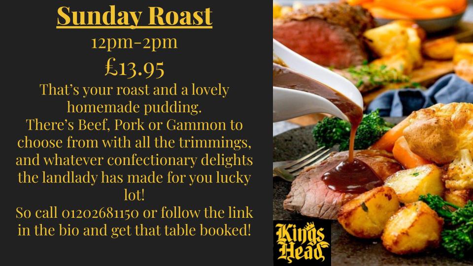KingsHeadPoole's tweet photo. What's up guys n gals!
Sunday is upon us again and that means its time for a roast. So if ya fancy it, we got it. So get hold of us and book that table! 
It's the best. and you don't have to cook or clean after. 
#SundayRoast #KingsHeadPoole #LovePoole #FussFree https://t.co/hYskZMF9HR