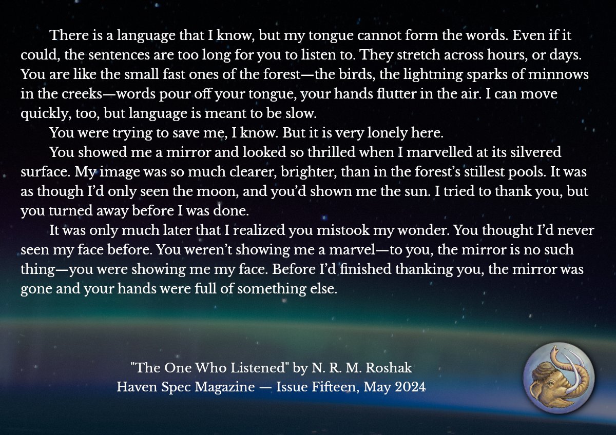 Haven Spec Magazine (@havenspec) on Twitter photo Learn the language of the forest by fire and axe in "The One Who Listened," a brand new story by N. R. M. Roshak / <a href="/nroshak/">@nroshak.bsky.social @nroshak@wandering.shop</a>!
Issue:
ko-fi.com/s/5c2335af9d
Subscribe: patreon.com/join/HavenSpec… Learn the language of the forest by fire and axe in "The One Who Listened," a brand new story by N. R. M. Roshak / <a href="/nroshak/">@nroshak.bsky.social @nroshak@wandering.shop</a>!
Issue:
ko-fi.com/s/5c2335af9d
Subscribe: patreon.com/join/HavenSpec…