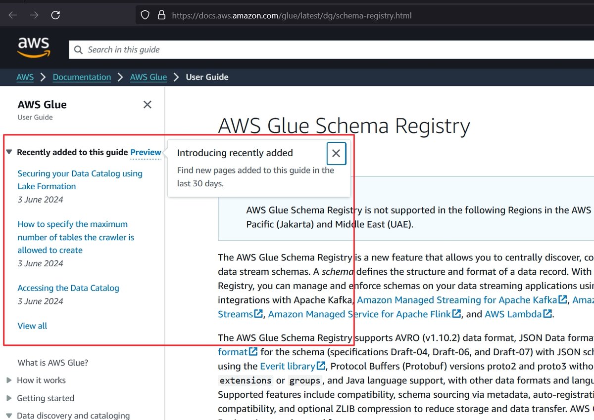 handsonaws's tweet photo. New Feature on AWS Documentation site (developer guides): 

A "Recently Added to the guide" section that lists pages and content that is new. 

#AWS https://t.co/PzotC2W7Dh
