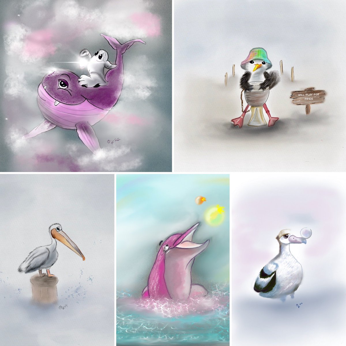 Just wanted to jump in for #WorldOceansDay… Here are some of my ocean  creatures. Wishing Everyone a beautiful day! 🌊🕊️🐳 … #Ocean ##OceanAwareness #Illustration #Illustrator #KidLit #KidLitArt