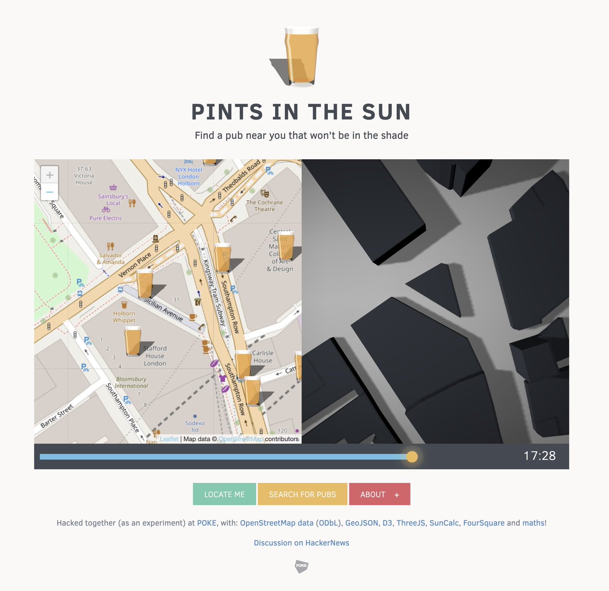 Pints in the Sun is old but it still works. 

Find a pub, adjust to your time of day &amp; see if it's in the shade.

pintsinthesun.co.uk

GENIUS.