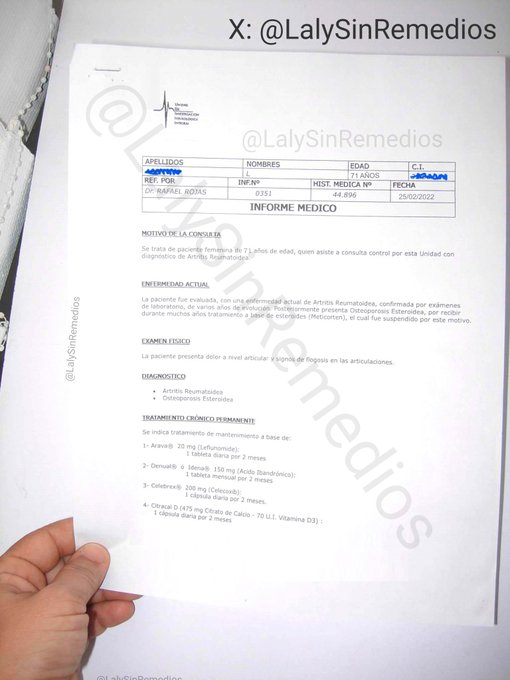 La enfermedad dejo sus manos y pies en un estado lamentable, los huesos totalmente afectados por la artritis. En este momento, sufre dolores muy fuertes en manos y espalda derecha😕 Adjunto exámenes médicos recientes para que puedan ver el diagnóstico actual de su condición
