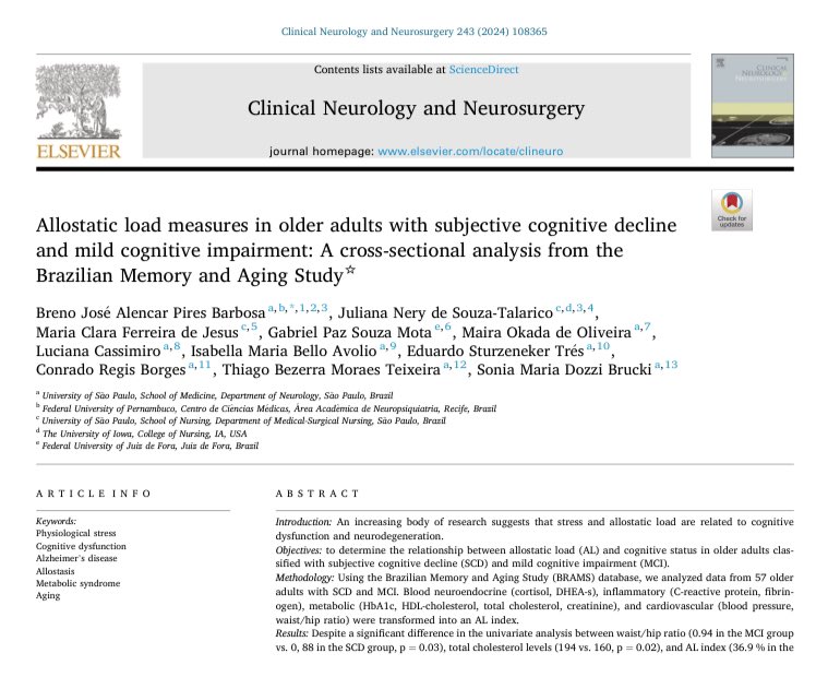 Brazilian older adults with Mild Cognitive Impairment and Subjective Cognitive Decline probably show different Allostatic Load profiles, but cofounding factors may play a role 🍃

Learn more in our study just published in CNN <a href="/ELSNeurology/">Clinical Neurology</a> <a href="/gncc_usp/">GNCC USP</a> 

authors.elsevier.com/a/1jD-u_6w9xck…
