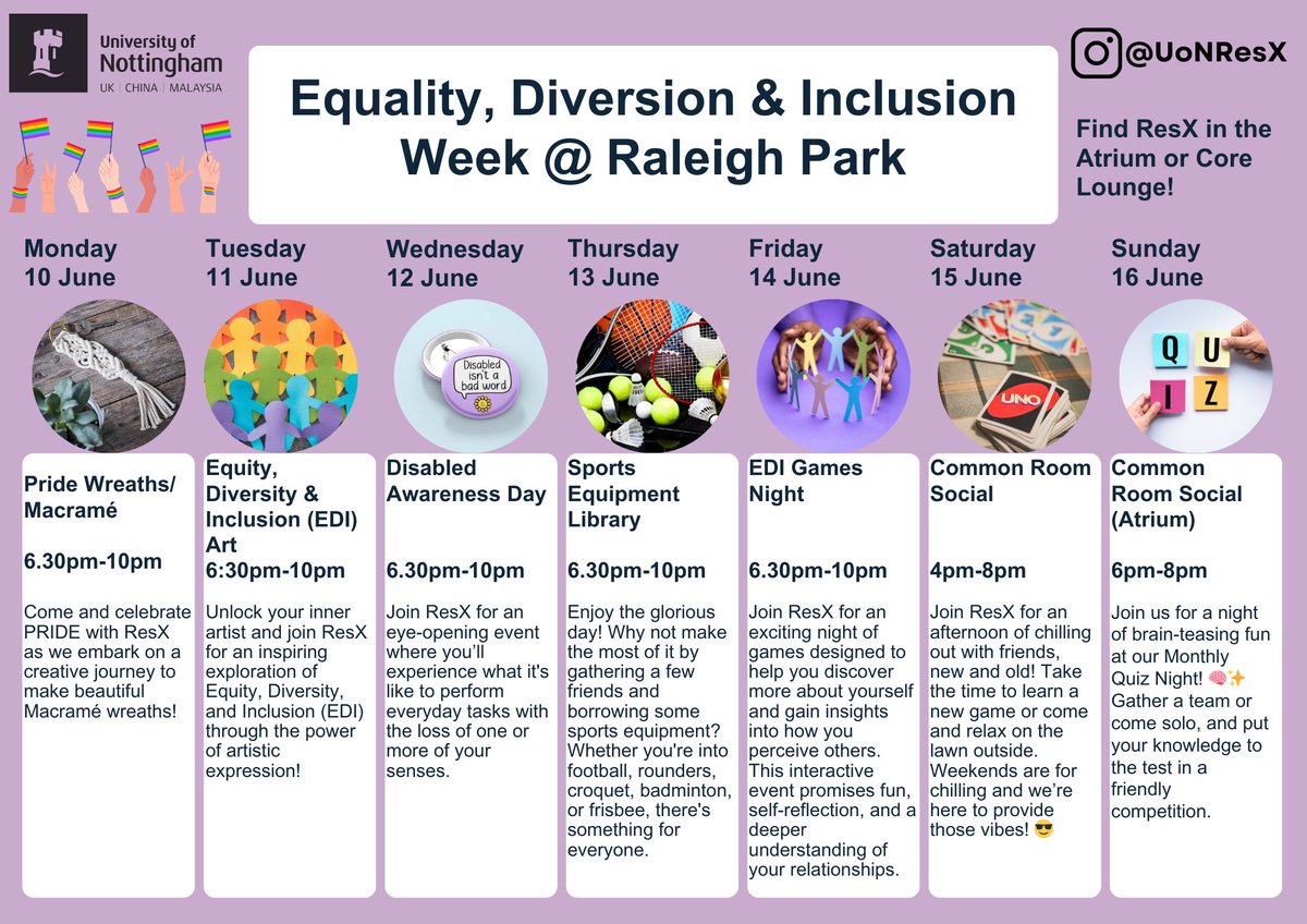 This coming week ResX are celebrating Equality, Diversity and Inclusion with Pride wreath making, disability awareness sessions and much more. 

Check out their calendar for what's happening and head to the common room to get involved.