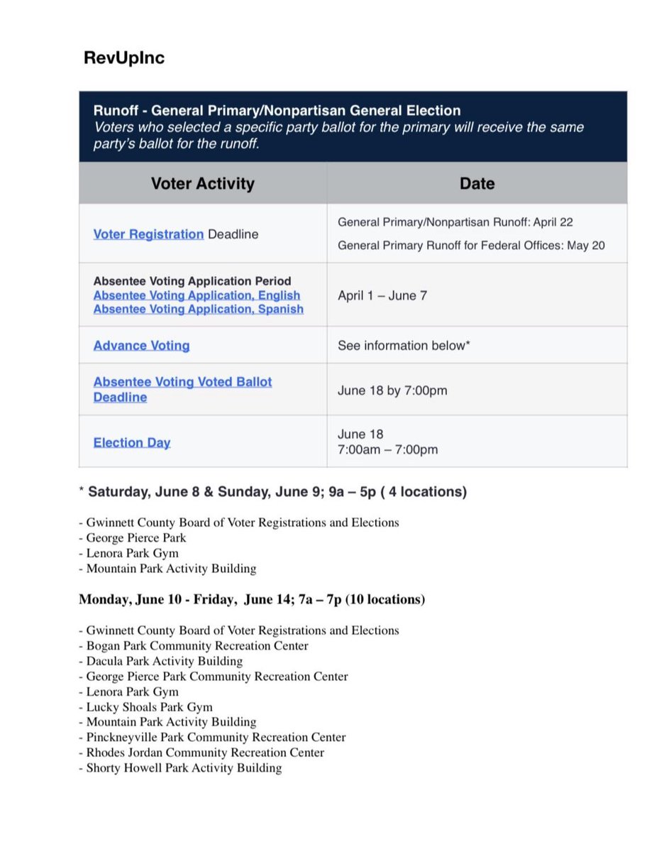 revupoffical's tweet photo. Early VOTING has begun today 6.8.2024 for RUNOFFS to elect SCHOOL BOARD Districts 1 &amp; 3.  Also VOTE to elect SUPERIOR COURT JUDGE.  Last day to Vote is 6.18.2024.

Decide Party Primaries for Senate Districts 55 &amp; 7 and House District 96; these races are decided in November. https://t.co/wrFvc4aRbV