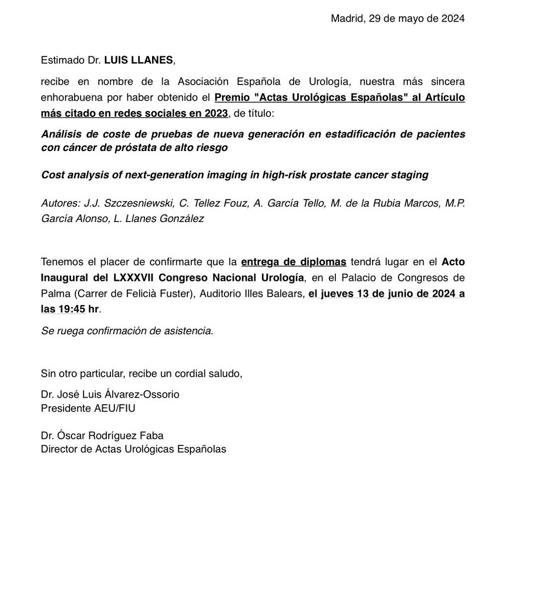 Gracias a la <a href="/InfoAeu/">AEU</a> por el premio <a href="/actasurologicas/">actasurologicas</a> a nuestro trabajo. Nos veremos en Palma.