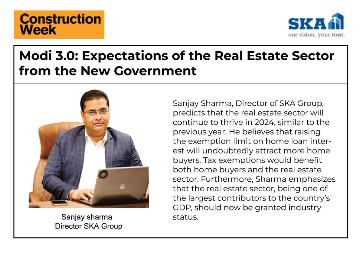 SKAGroupIndia's tweet photo. Mr. Sanjay Sharma, Director of SKA Group, shares his optimistic outlook for real estate in 2024 with higher home loan interest exemptions and industry status. Exciting times ahead!
#SKA #SKAGroup #SKAGroupIndia #RealtyAndMore #Modi3 #PolicyChanges #IndustryStatus #EconomicGrowth https://t.co/t2L1EE8Nmh