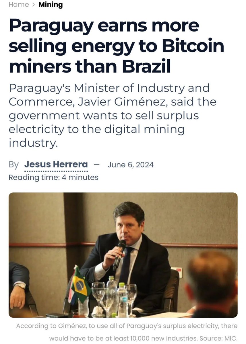 NEW: Paraguay is earning more money selling their energy to #Bitcoin miners  then by selling it to Brazil.