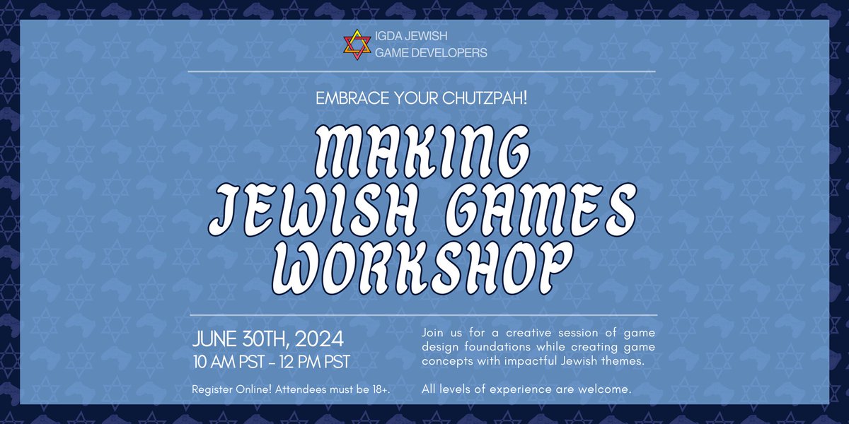 IGDA_JSIG's tweet photo. Join us for a creative session of game design foundations while creating game concepts with impactful Jewish themes June 30th 10 AM PST.

All levels of experience are welcome. 18+ per IGDA events policy.
https://t.co/uVwApI0Twi https://t.co/VDmeo1E3IT