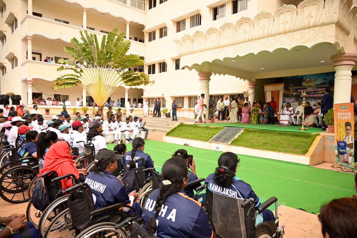 Gurudev's tweet photo. The @ssrvm, in collaboration with Parishrama Divyang Sports Academy, organized a special Wheelchair Cricket Tournament. The sportive spirit of these specially-abled young people should be an eye-opener for those who often crib. https://t.co/PtETubznHN