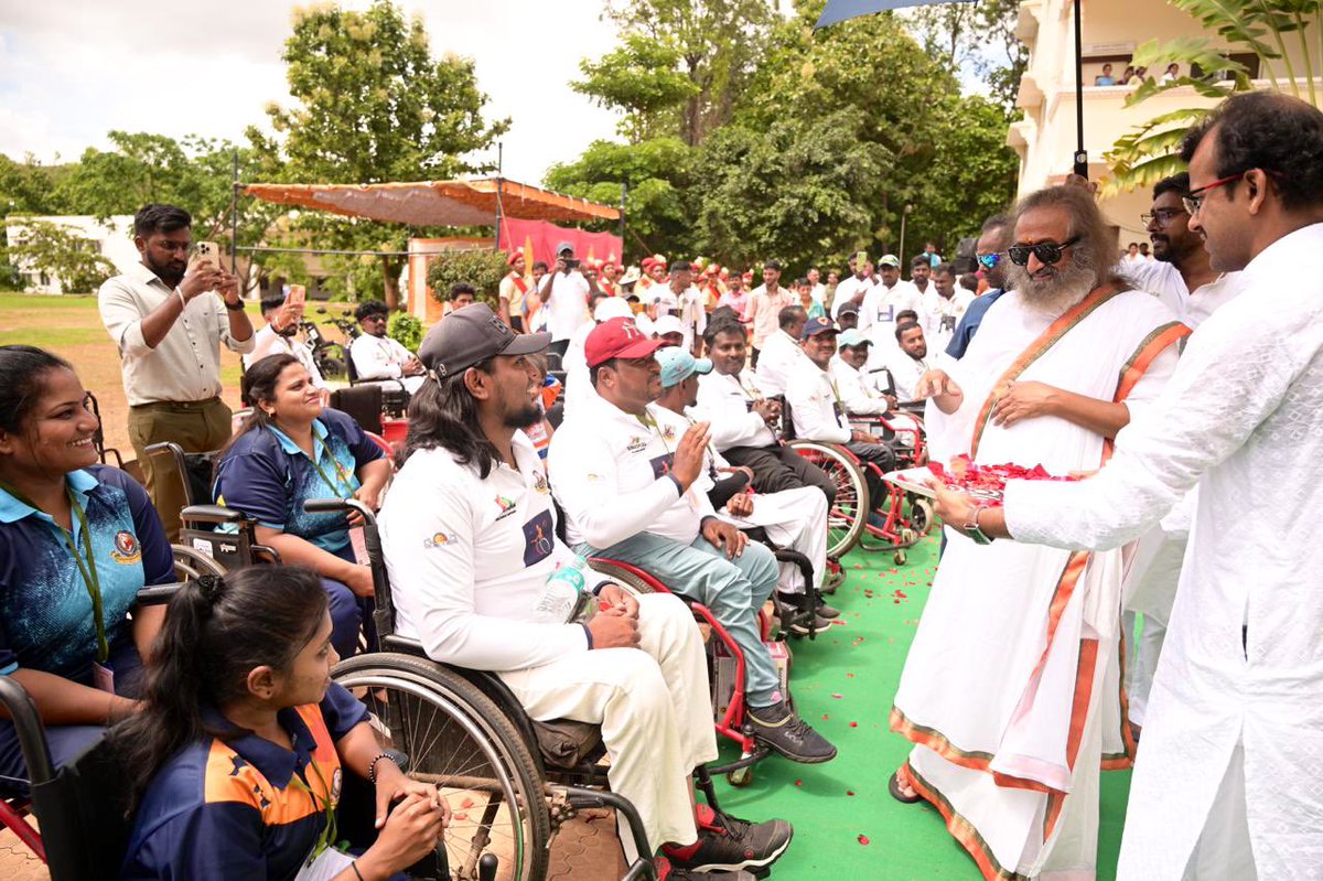 Gurudev's tweet photo. The @ssrvm, in collaboration with Parishrama Divyang Sports Academy, organized a special Wheelchair Cricket Tournament. The sportive spirit of these specially-abled young people should be an eye-opener for those who often crib. https://t.co/PtETubznHN