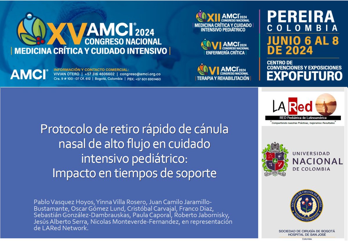 pvasquezcolpicu's tweet photo. ¡Ganamos el primer puesto en presentación oral categoria #PedsICU del #CongresoAMCI 

🎉 Felicitaciones @YinnaV 

Protocolo de retiro rápido de cánula nasal de alto flujo en cuidado intensivo pediátrico: Impacto en tiempos de soporte.

👏 @LARedNetwork @MedicinaUNAL @HSJ_Bogota https://t.co/nyrOCZNovF