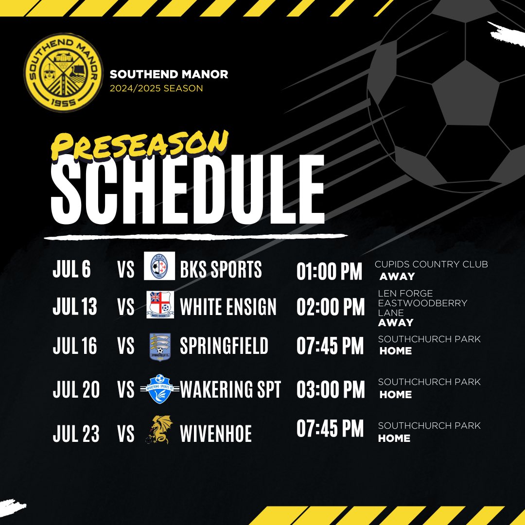 SouthendManorFC's tweet image. PRE SEASON IS AROUND THE CORNER🥳
.
Save these dates and let’s get ready for another thrilling season!
.
#upthemanor #southendmanor #yoursouthend #preseason #thurlownunnleague #football