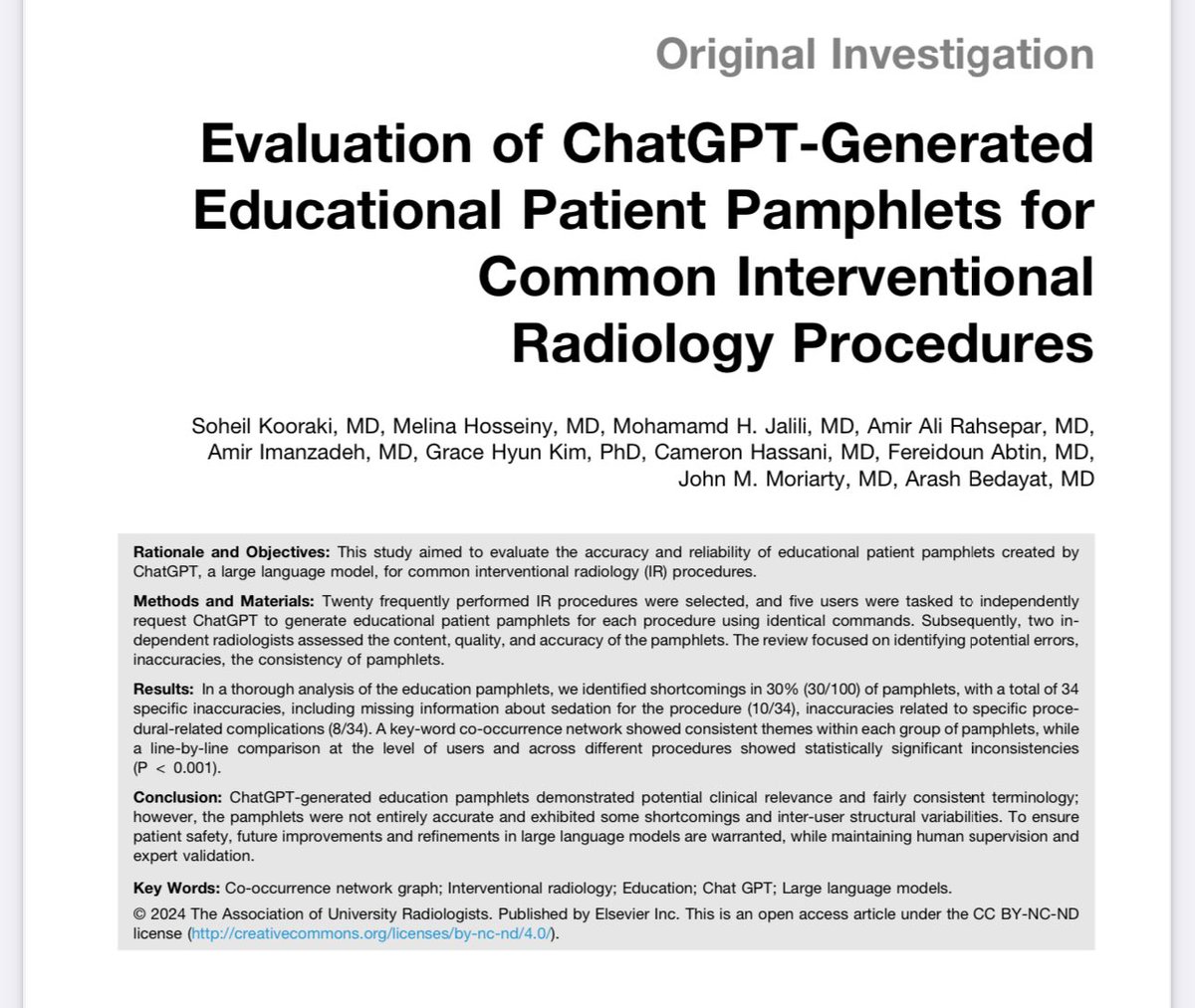 Soheil Kooraki, MD (@soheilkooraki) on Twitter photo 📝Hot off the press!, Check our paper on “#ChatGPT-generated educational patient pamphlets for common IR procedures”, now online <a href="/AcadRadiol/">Academic Radiology</a>, sciencedirect.com/science/articl…; special thanks to my amazing mentor <a href="/BedayatArash/">Arash Bedayat</a>, and grateful for contributions from all co-authors⬇️ 📝Hot off the press!, Check our paper on “#ChatGPT-generated educational patient pamphlets for common IR procedures”, now online <a href="/AcadRadiol/">Academic Radiology</a>, sciencedirect.com/science/articl…; special thanks to my amazing mentor <a href="/BedayatArash/">Arash Bedayat</a>, and grateful for contributions from all co-authors⬇️