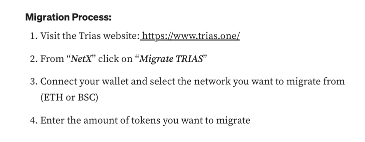 lordcrypto__'s tweet photo. Have you seen the definite dates for the $TRIAS mainnet?

Mark your calendars for the 20th and the 30th of June because some major updates are about to hit the @triaslab ecosystem.

First, developers will have the opportunity to deploy dAPPs, create tokens, and fully experience the newest features on NETX testnet by the 20th of this month. Also, developers who have been working to test the new ecosystem will receive incentives from the project.

Then the deadline for migration to the mainnet is the 30th of June. So it means that $TRIAS holders who want to migrate their tokens should have done so before the said date.

The team has also hinted at a rewards program, to reward the loyal $TRIAS community members and holders. I think it may also take into account those who have migrated.

I've migrated a portion of my holdings, the process was pretty simple, it's shown in the image below.

On the other hand, @TusimaNetwork's $TSM launch is around the corner as well.

The entire Trias ecosystem is on fire right now and I'm seriously rooting for the team.