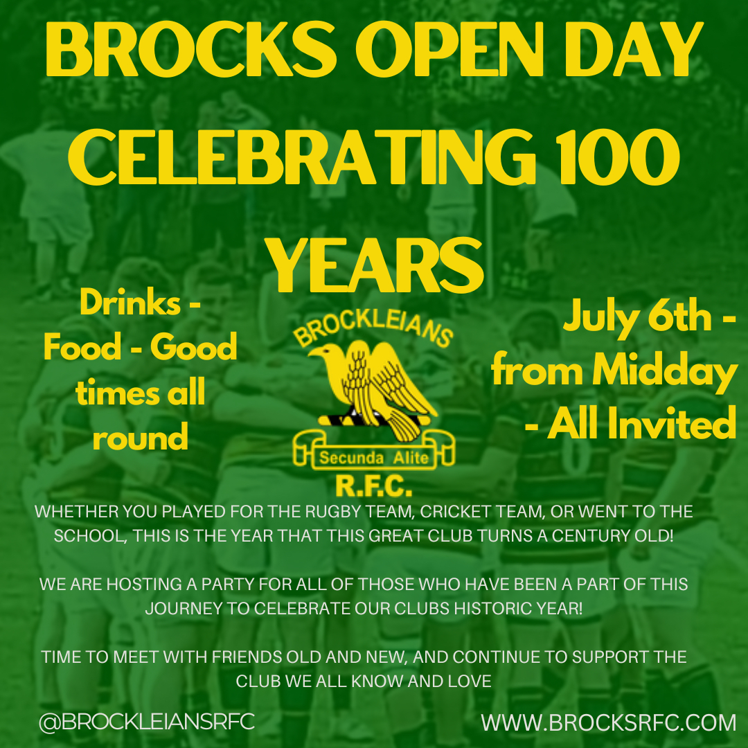 On July 6th, Brocks will be hosting an open day to celebrate our great club turning 100 years old!

All are welcome, to meet friends old and new, and share a drink and a good time with everyone that has been involved in the clubs journey!

#brocksrfc