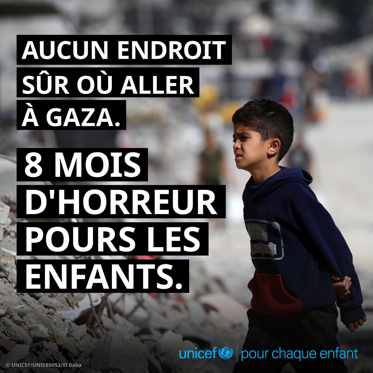 Au lieu d’aller à l’école, les enfants fuient la violence. 
Au lieu de dormir en toute sécurité dans leur lit, ils souffrent sous des tentes.
Au lieu d’une enfance heureuse, ils vivent un cauchemar.

L’UNICEF appelle à un cessez-le-feu et à la libération des otages.